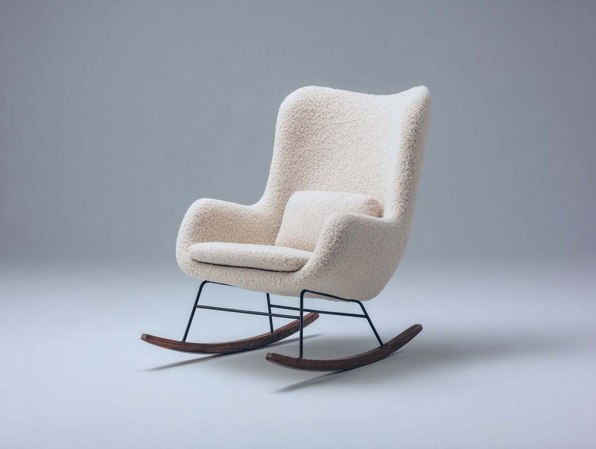 Fauteuil à bascule-Tissu bouclé-Métal-Bois-87x81x101 cm-Crème-Noir-Bois foncé-Style scandinave contemporain