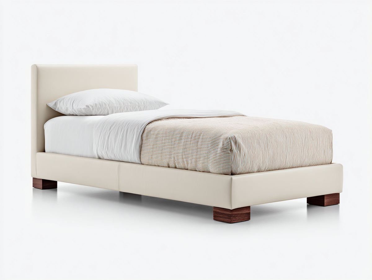Lit simple - cuir synthétique-bois - 210x112x98 cm - crème-marron - style minimaliste