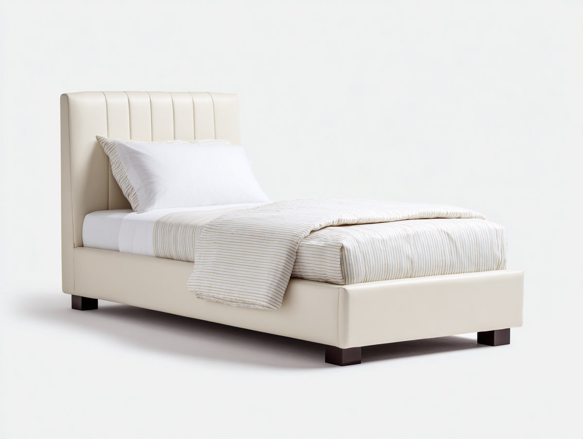 Lit simple - cuir synthétique - 210x112x116 cm - crème - style contemporain