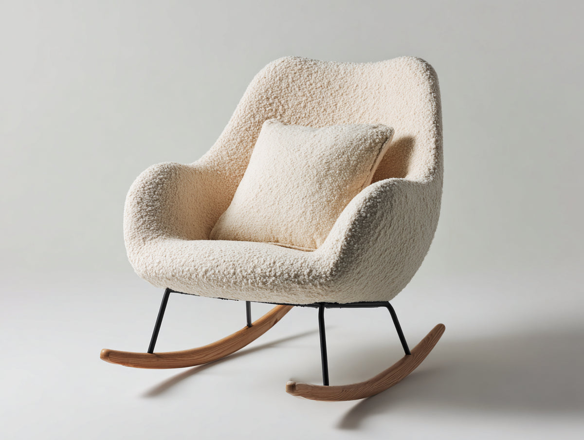 Fauteuil à bascule-Tissu bouclé-Métal-Bois-88x80x94 cm-Crème-Noir-Bois naturel-Style scandinave organique