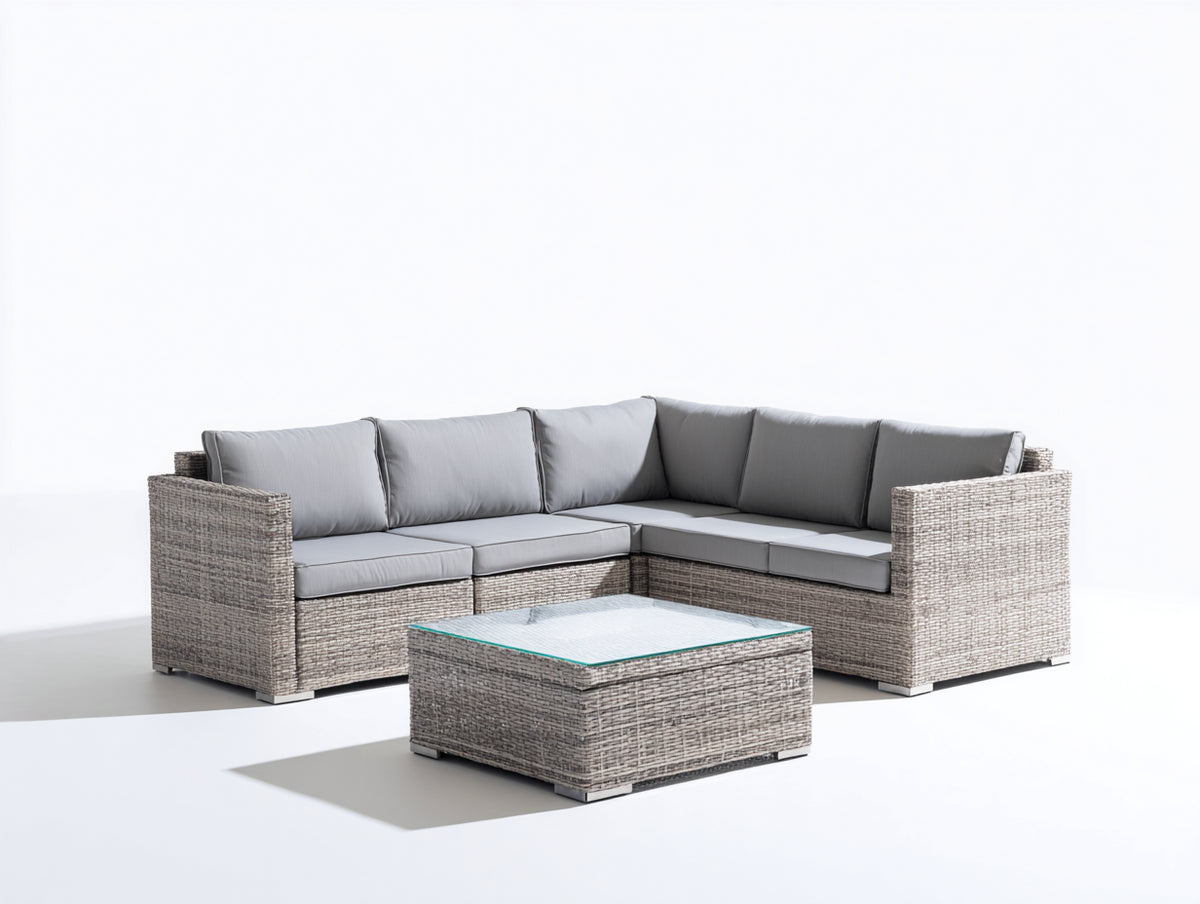 Canapé de jardin - rotin synthétique-tissu-verre - 248 x 248 x 76 cm - gris clair-grège-transparent - style contemporain