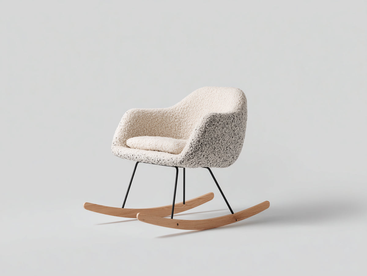Fauteuil à bascule-Tissu bouclé-Métal-Bois-86x78x88 cm-Beige clair-Noir-Bois naturel-Style scandinave