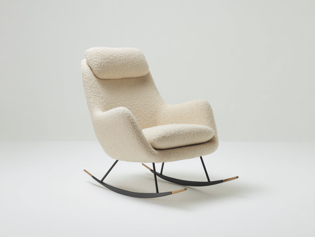 Fauteuil à bascule-Tissu bouclé-Métal-Bois-86x82x103 cm-Crème-Noir-Bois naturel-Style moderne