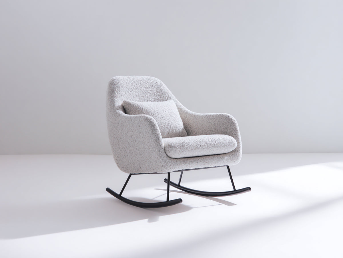 Fauteuil à bascule-Tissu bouclé-Métal-80x76x89 cm-Gris clair-Noir-Style moderne