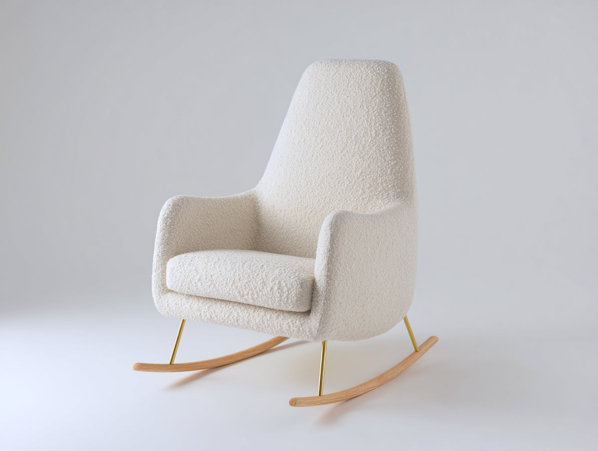 Fauteuil à bascule-Tissu bouclé-Métal-Bois-85x79x104 cm-Crème-Doré-Bois naturel-Style contemporain