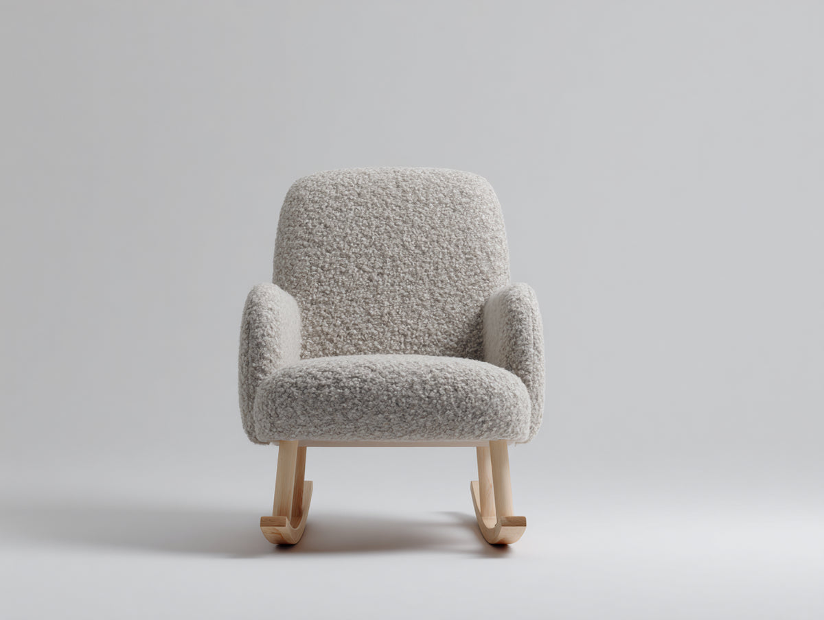 Fauteuil à bascule-Tissu bouclé-Bois-76x72x89 cm-Gris clair-Bois naturel-Style scandinave