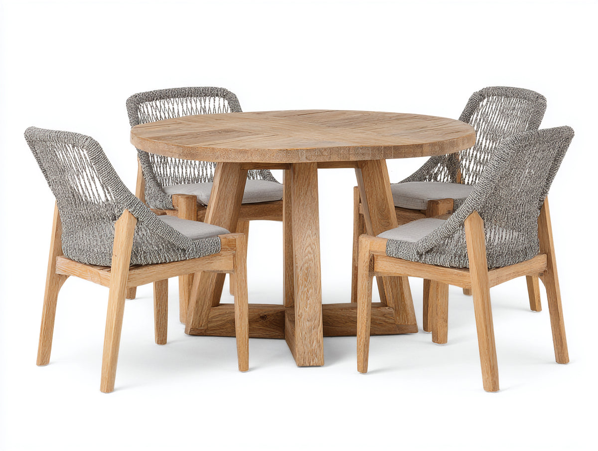 Salon de jardin repas - Bois-Corde tressée-Tissu - 120 x 120 x 75cm - Naturel-Gris - Contemporain
