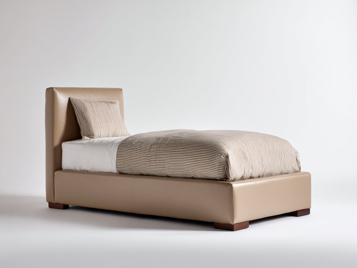 Lit simple - cuir synthétique-bois - 210x110x102 cm - camel-marron - style minimaliste