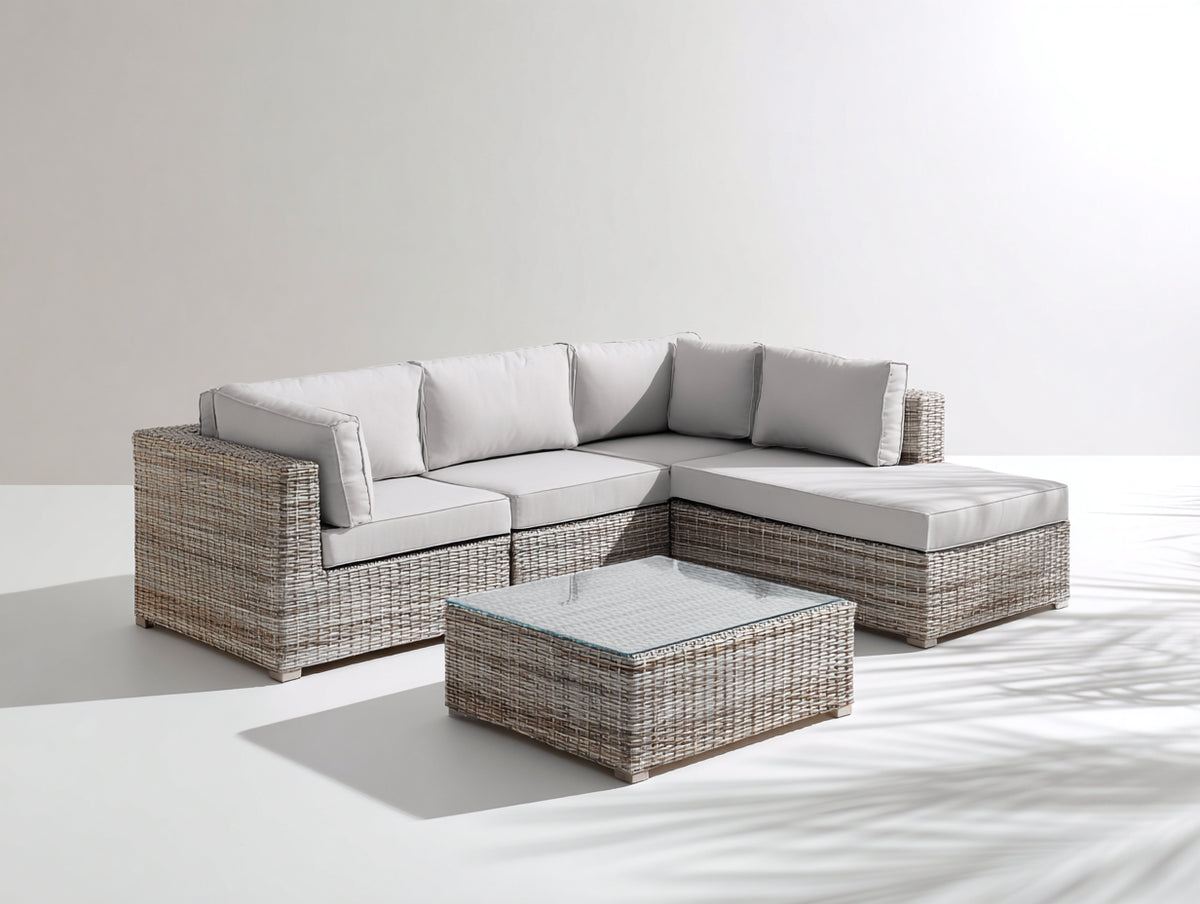 Canapé de jardin - rotin synthétique-tissu-verre - 238 x 205 x 74 cm - blanc cassé-beige-transparent - style contemporain