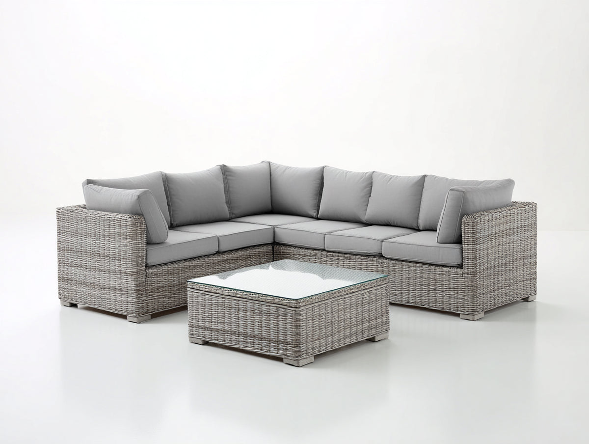 Canapé de jardin - rotin synthétique-tissu-verre - 280 x 215 x 78 cm - gris clair-grège-transparent - style contemporain